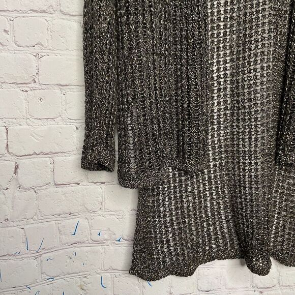 Eileen Fisher Cardigan Women Medium Cotton Linen Brown Metallic Open Knit Hi/Low - Picture 7 of 10